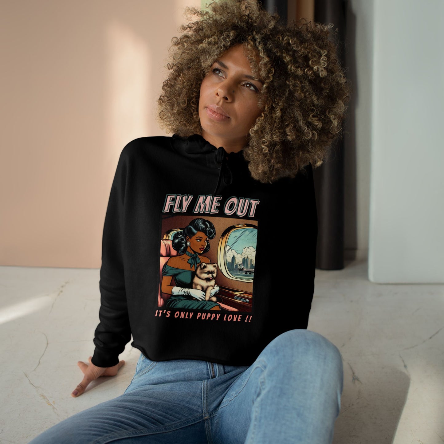 ‘FLY ME OUT’ CROP HOODIE (PUPPY LOVE)